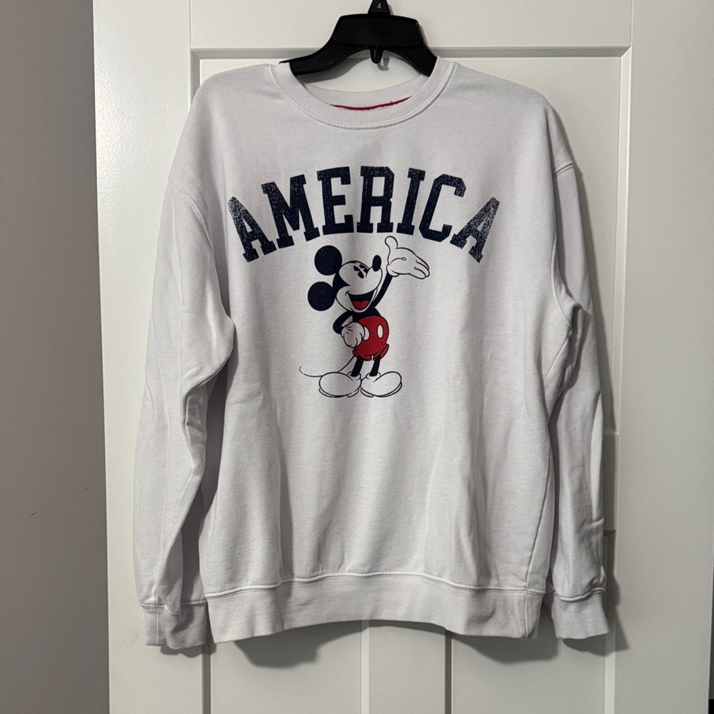 Disney White Crewneck Sweater with Mickey Mouse and America Design
